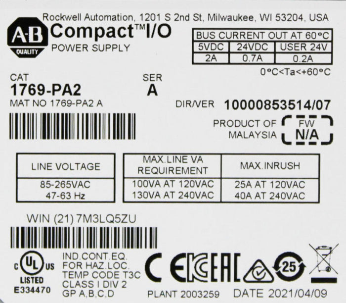 Allen-Bradley 1769-PA2 Ser. A CompactLogix Input/Output Power Supply Module