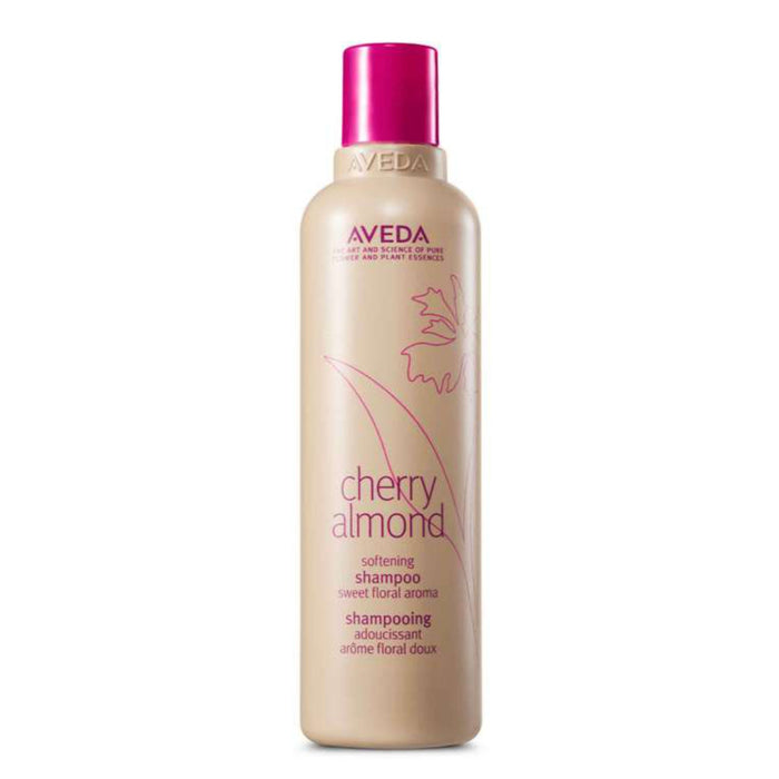 Aveda Cherry Almond Softening Shampoo 250ml in beige bottle with pink cap on white background, labeled "sweet floral aroma"