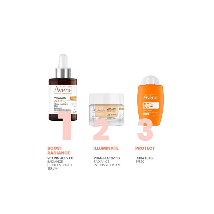 Avene Vitamin Activ CG Serum 30ml dropper bottle with Radiance Intensive Cream and Ultra Fluid SPF50 on white background