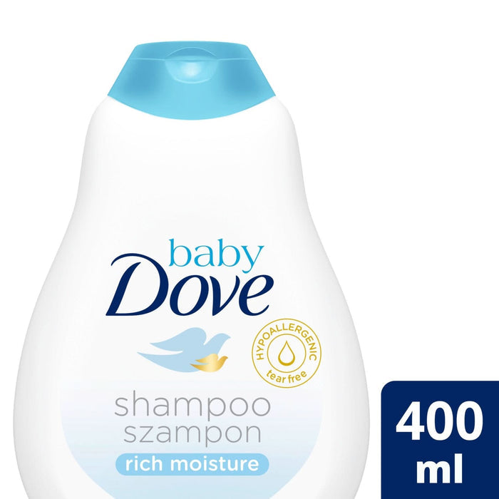Baby Dove Rich Moisture Shampoo 400ml white bottle with blue cap, hypoallergenic tear free label, white background