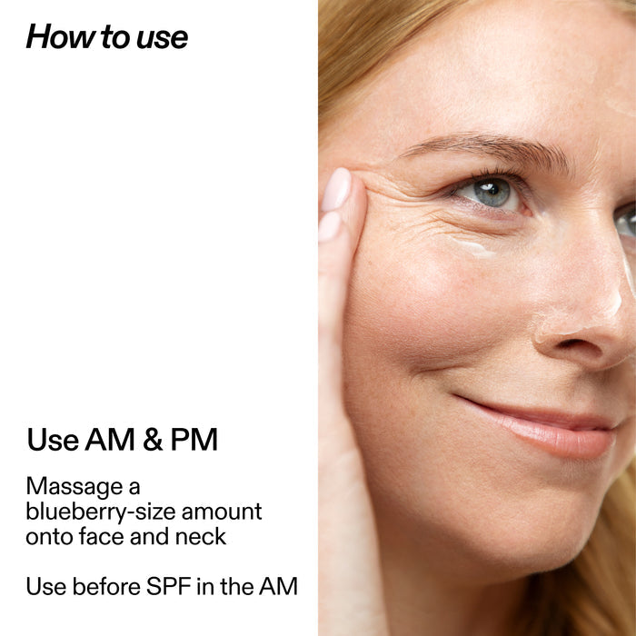 Instructional graphic with the heading 'How to use' and text reading 'Use AM & PM' and 'Massage a blueberry-size amount onto face and neck' beside a close-up of a woman touching her cheek, likely demonstrating skincare application.