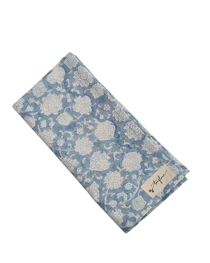 Blue Floral Block Printed Cotton Napkin 50x50cm - Precious Sparkle