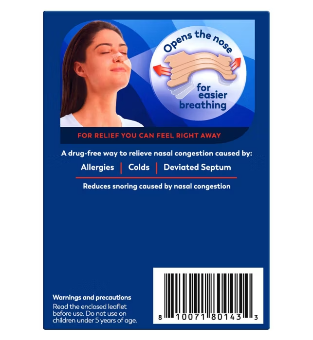 Breathe Right Extra Strength Beige back panel on blue, showing strips "Opens the nose for easier breathing," relieves allergies, colds, deviated septum.