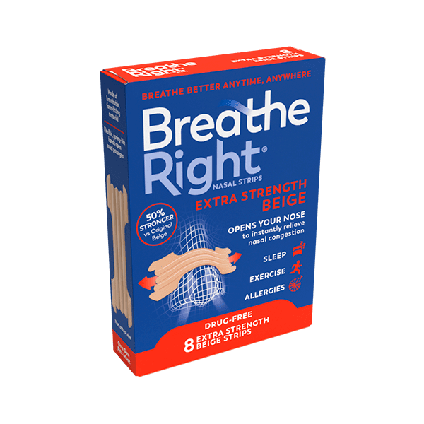 Breathe Right Extra Strength Beige nasal strips box, blue and red packaging, showing 8 drug-free strips on white background.