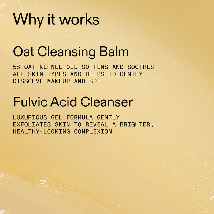 Text describing the benefits of Oat Cleansing Balm and Fulvic Acid Cleanser on a beige background.