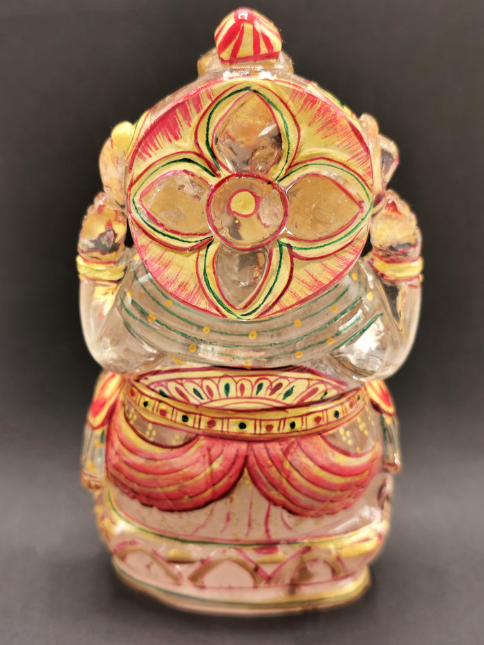 Clear Quartz carving of Ganesh, hand carved beauty with hand painted gold foil artwork