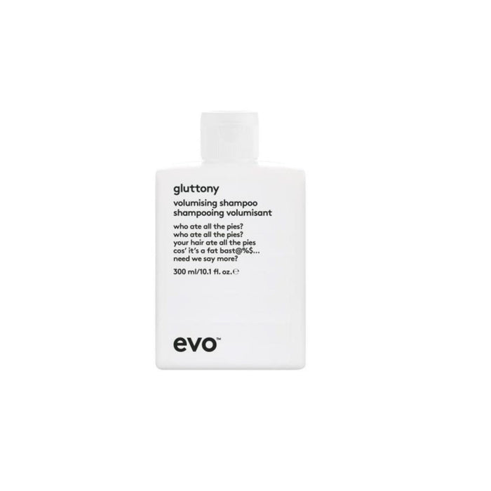 Evo Gluttony Volumising Shampoo 300ml white pump bottle with black text on white background