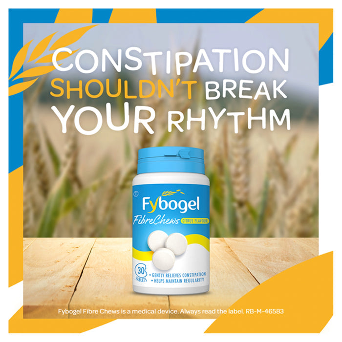 Fybogel FibreChews Citrus Flavour 30 Tablets white bottle on wood surface, blue/yellow background, wheat field scene.