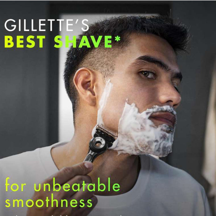 Man using Gillette Labs Champions League razor with shaving foam on face, grey background. Text: "Gillette's Best Shave for unbeatable smoothness"