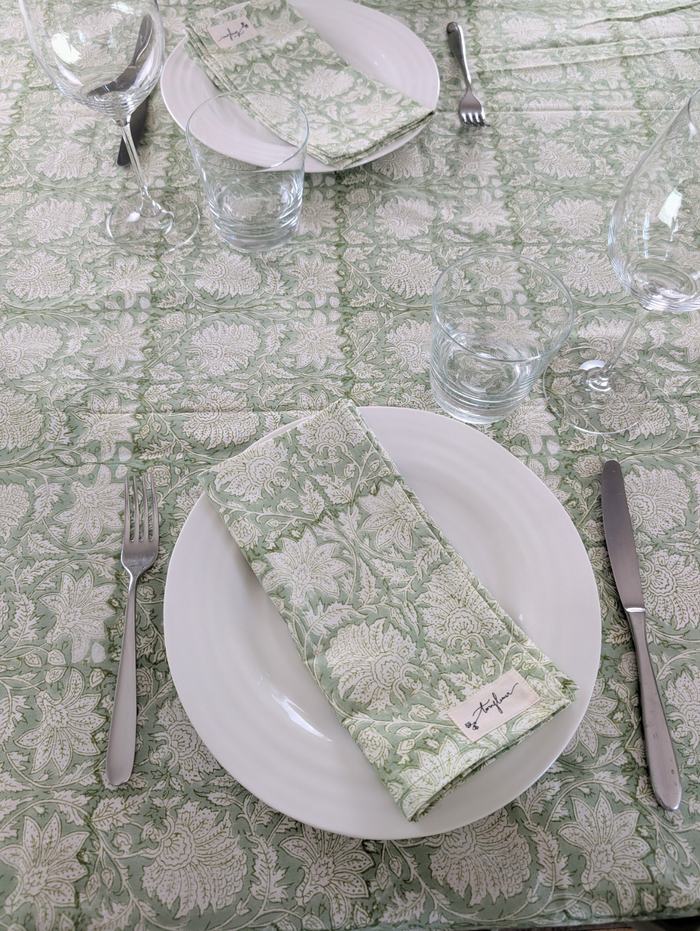 Green Floral Block Printed Cotton Table Cloth 150x230cm - Precious Sparkle