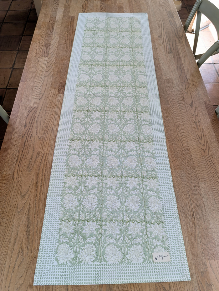 Green Floral Block Printed Cotton Table Runner 45x150cm - Precious Sparkle