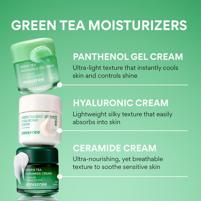 Green Tea Panthenol Gel Cream green tea moisturizers comparison - panthenol gel cream, hyaluronic cream, and ceramide cream