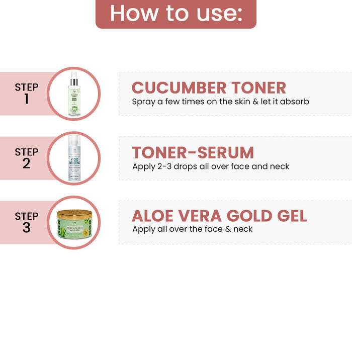 Kit - Hydration Boosting Skin Care Kit (Pure aloe Vera gold gel, Cucumber toner, Hydro boosting toner serum + Get a FREE Pouch)