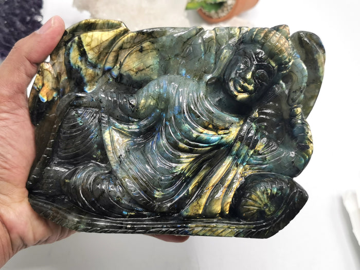 Labradorite Buddha in parinirvana position - handmade carving of serene Lord Buddha - crystal/reiki/healing - 7 inches and 1.13 kg