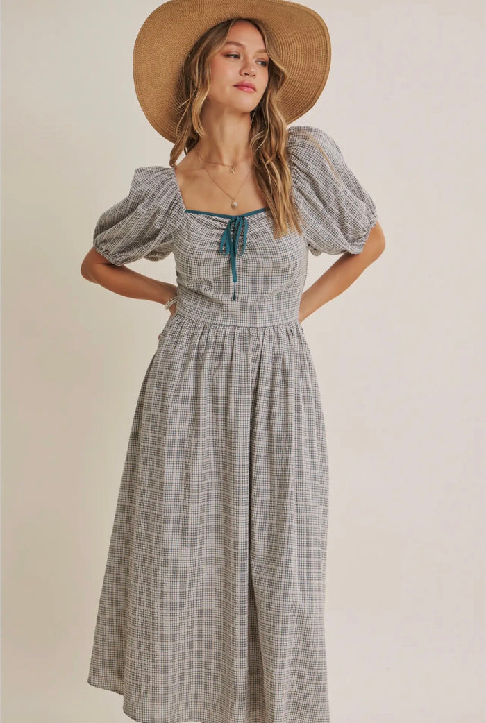 Mary Soft Prairie Square Neck Gingham Smocked Midi Dress