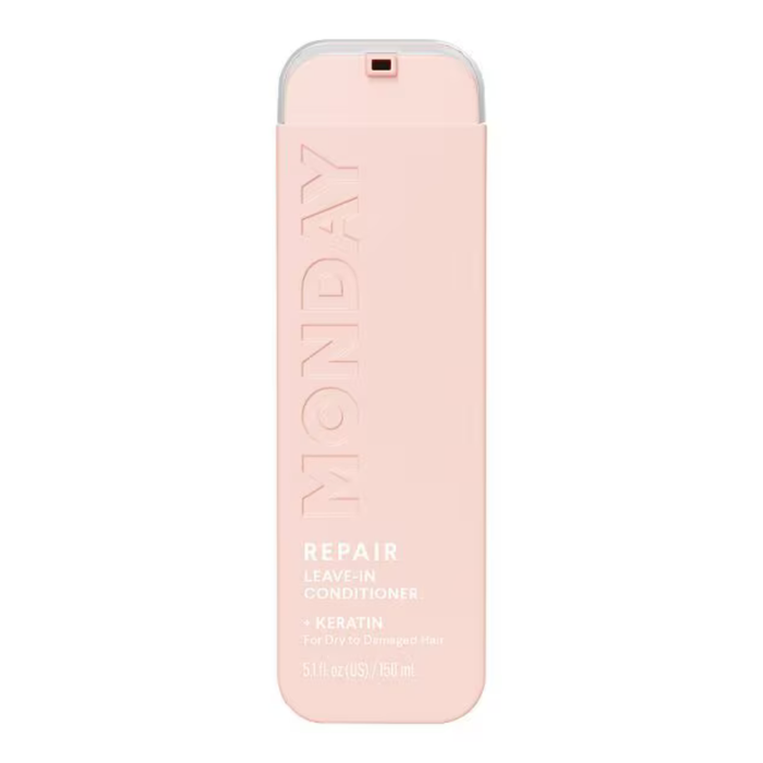 Monday Haircare Repair Leave-In Conditioner 150ml in blush pink spray bottle with embossed logo on white background