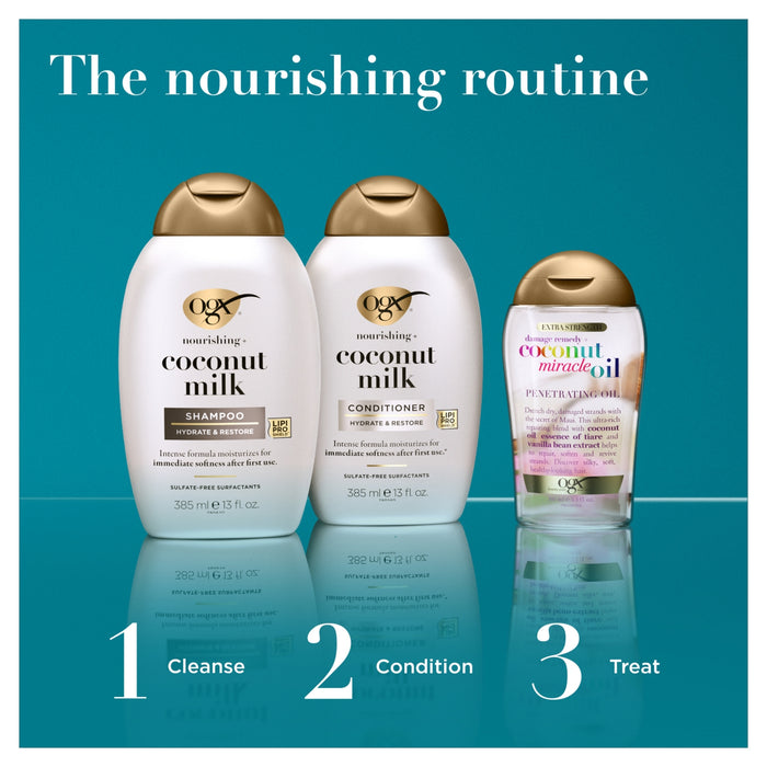 OGX Nourishing Coconut Milk Shampoo 385ml beside conditioner and miracle oil on teal background, "The Nourishing Routine" text above.