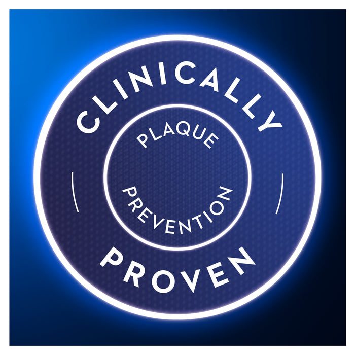 Oral-B 3D White Advanced Luxe Glamorous Toothpaste badge on blue background reading "Clinically Proven Plaque Prevention"