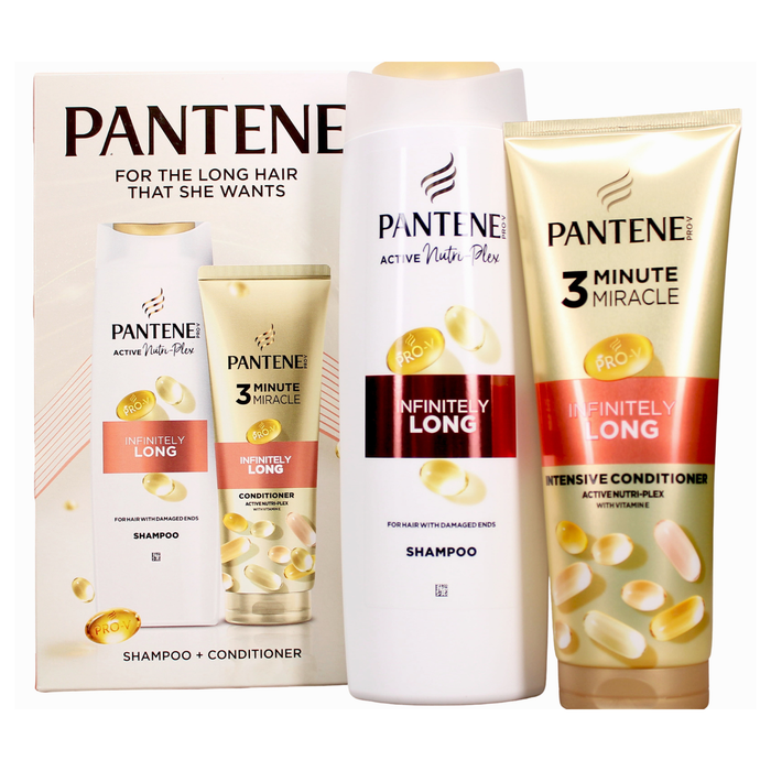 Pantene Infinitely Long shampoo and 3 Minute Miracle conditioner gift set with white box on white background
