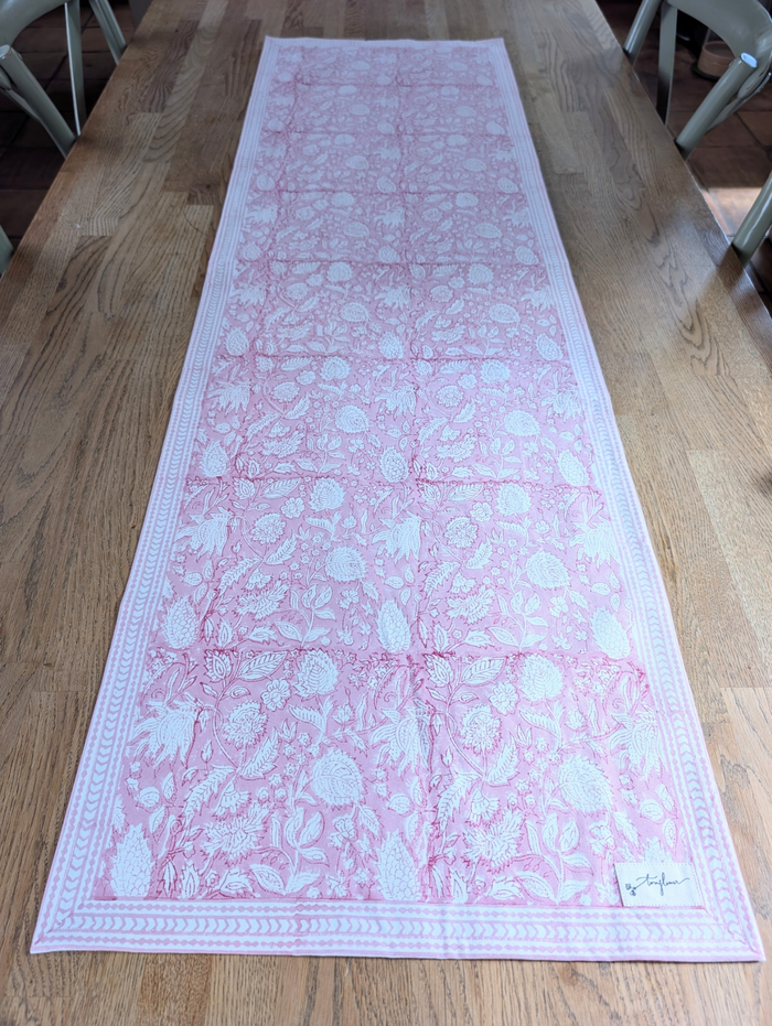 Pink Floral Block Printed Cotton Table Runner 45x150cm - Precious Sparkle