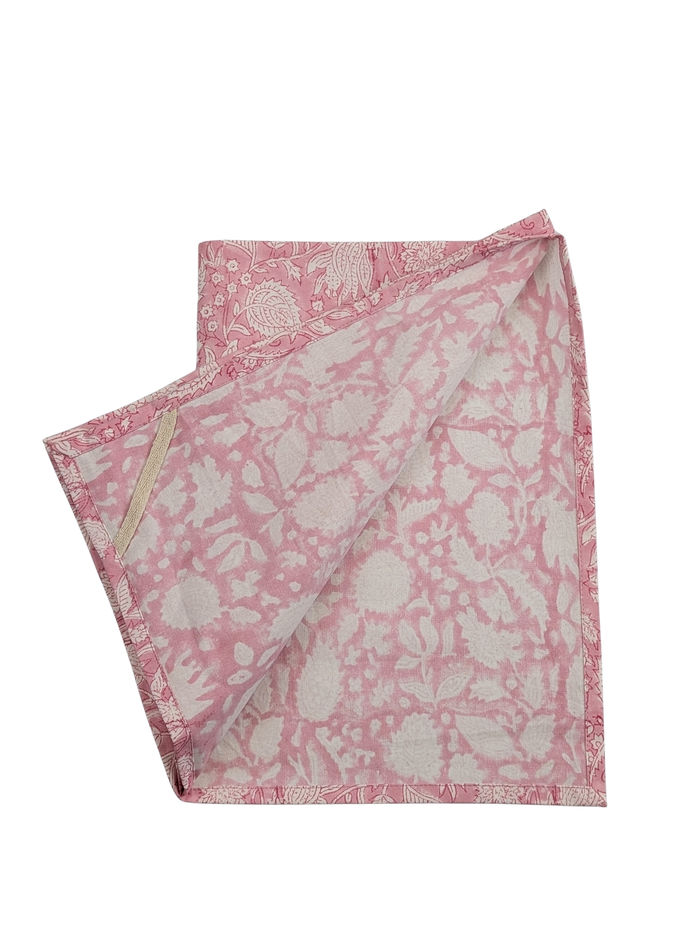 Pink Floral Block Printed Cotton Tea Towel - Precious Sparkle