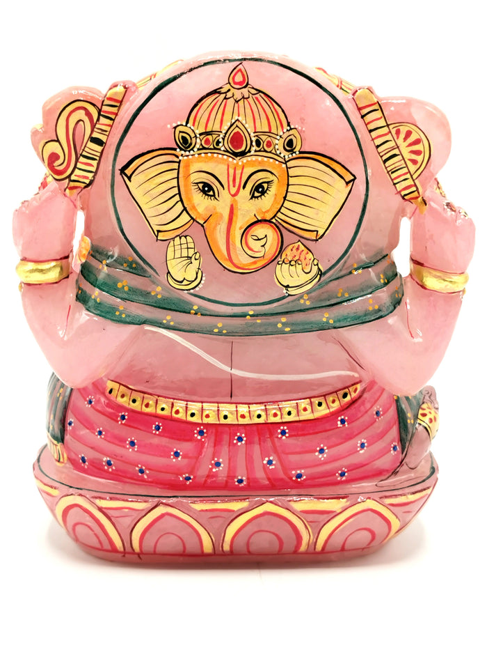 Rose Quartz Handmade Carving of Panchmukhi Ganesh with handpainting - Lord Ganesha Idol | Sculpture | Murti in Crystals and Gemstones - Reiki/Chakra/Healing - 6 inches and 2.64 kg (5.81 lb)