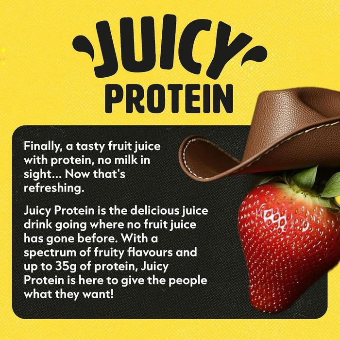 SCI MX Juicy Protein promo on yellow background, black panel with strawberry and cowboy hat, text reads "35g of protein"