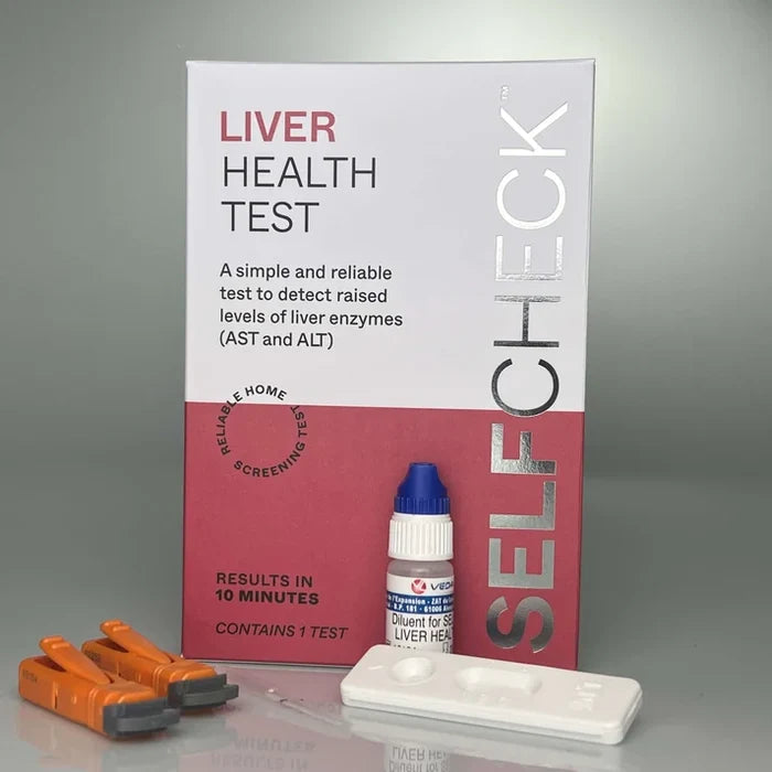SELFcheck Liver Health Test kit box with diluent bottle, white test cassette, and orange lancets on grey background.