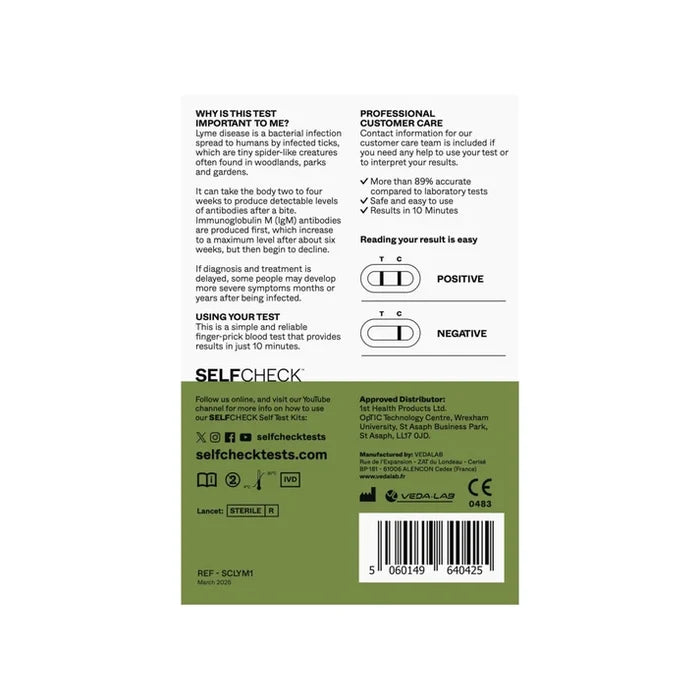 SELFcheck Lyme Disease Test back packaging on white background showing instructions, result diagrams, and selfchecktests.com website