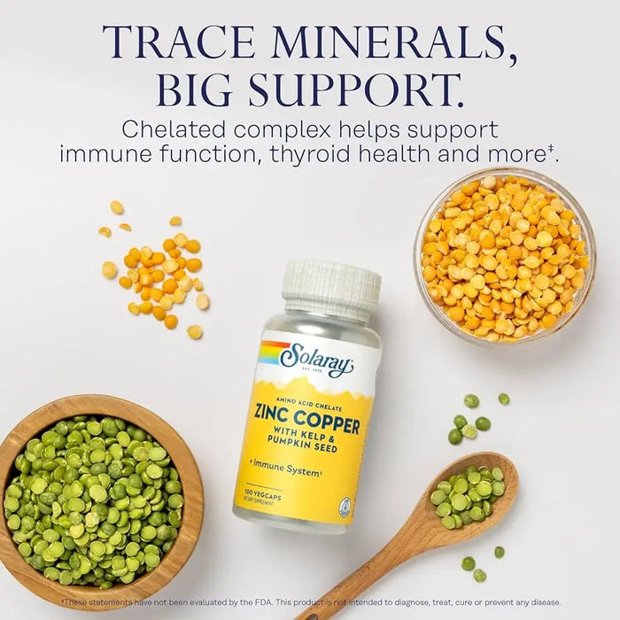 Solaray Amino Acid Chelate Zinc Copper Veg Capsules With Kelp & Pumpkin Seed For Healthy Immune System, Pack of 100's Solaray