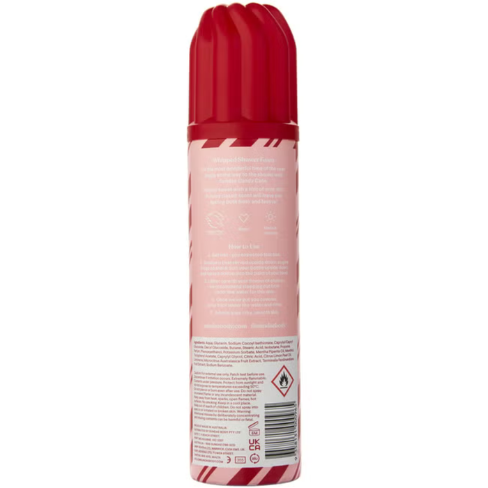 Sundae Candy Cane Shower Foam 265ml back of pink aerosol can with red cap and candy cane stripes on white background.