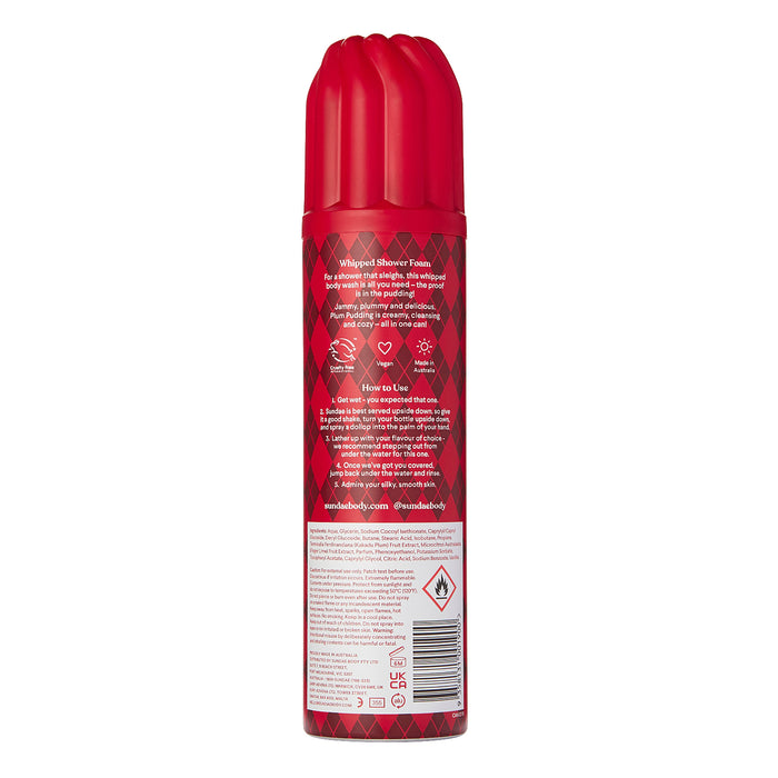 Sundae Plum Pudding Shower Foam 265ml back view, red aerosol can with diamond pattern, white background, cruelty-free, vegan, made in Australia
