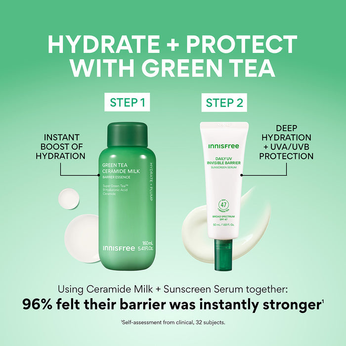 Hydrate + protect with green tea: step 1 Green Tea Ceramide Milk, Step 2 Green Tea Sunscreen Serum