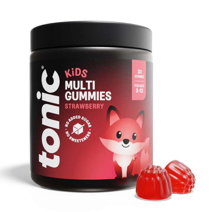 Tonic Kids Multi Gummies Strawberry black jar with fox illustration, 30 gummies for ages 3-12, two red gummies beside it, white background