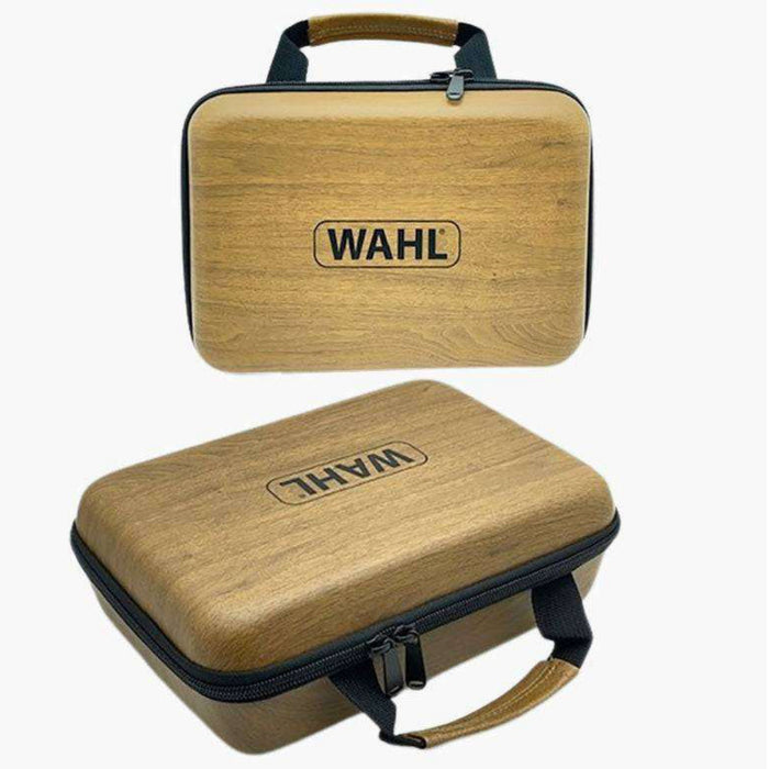 Wahl Extreme Grip 5In1 Multigroomer wood-effect hard carry case with black zip and handle, shown front and angled views, white background.