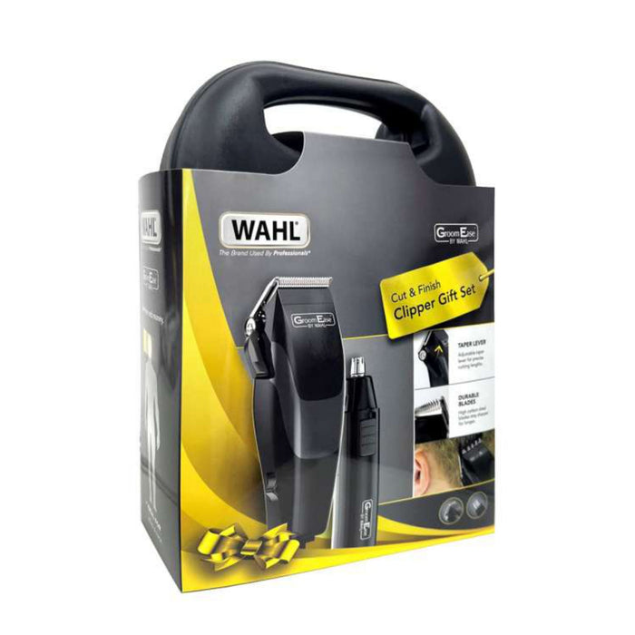 Wahl GroomEase Cut & Finish Clipper Gift Set box with black carry case, clipper and trimmer on white background