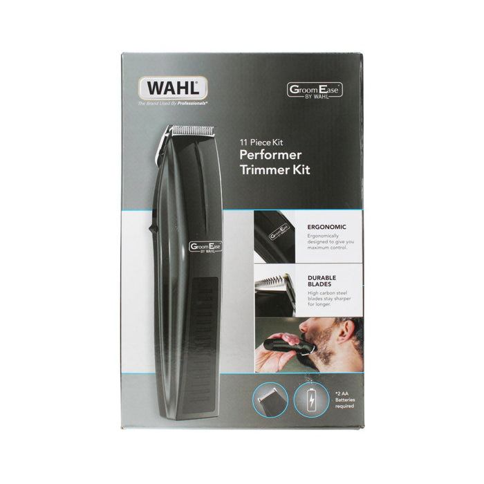 Wahl GroomEase Performer Trimmer Kit 11 Piece box on white background, grey packaging showing trimmer and beard grooming images.
