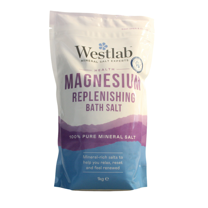 Westlab Magnesium Replenishing Bath Salts 1kg pouch, cream to blue gradient bag, "100% Pure Mineral Salt" on white background