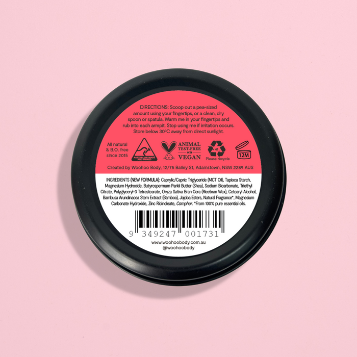 Woohoo Natural Deodorant Paste (Urban) back of pack, labeled with ingredients and directions.