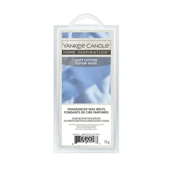 Yankee Candle Soft Cotton 75g fragranced wax melts pack in clear plastic clamshell on white background