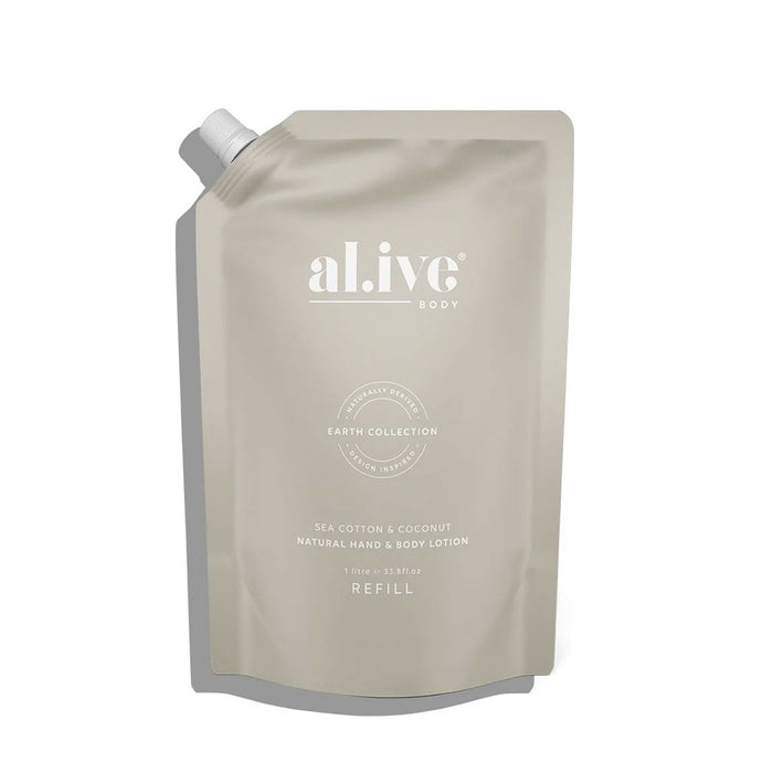 al.ive body 1 Ltr Hand & Body Lotion Refill Sea Cotton & Coconut Nudie Glow Australia
