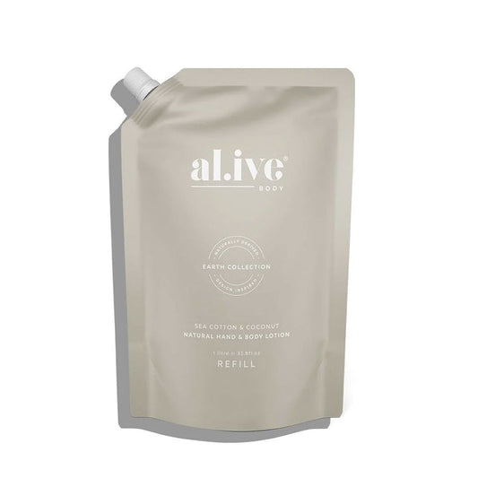 al.ive body 1 Ltr Hand & Body Lotion Refill Sea Cotton & Coconut Nudie Glow Australia