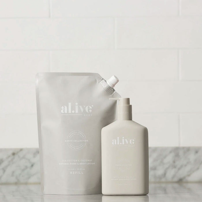 al.ive body 1 Ltr Hand & Body Lotion Refill Sea Cotton & Coconut Nudie Glow Australia