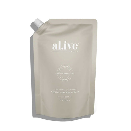 al.ive body 1 Ltr Wash Refill - Sea Cotton & Coconut - Nudie Glow Australia