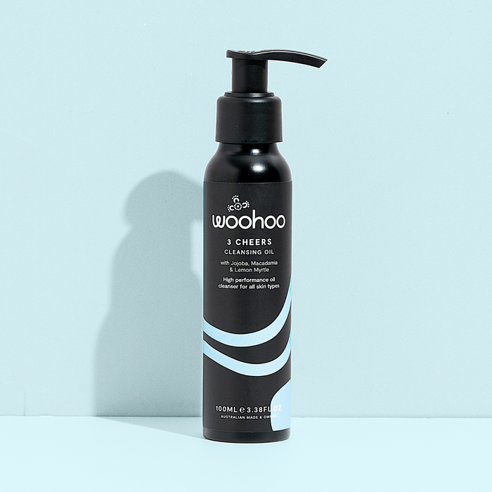 3 Cheers Cleansing Oil, 100ml recyclable aluminium pump bottle - natural oil cleanser and makeup remover.