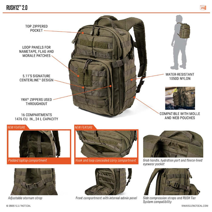 5.11 RUSH 12 Backpack, OD Green, features