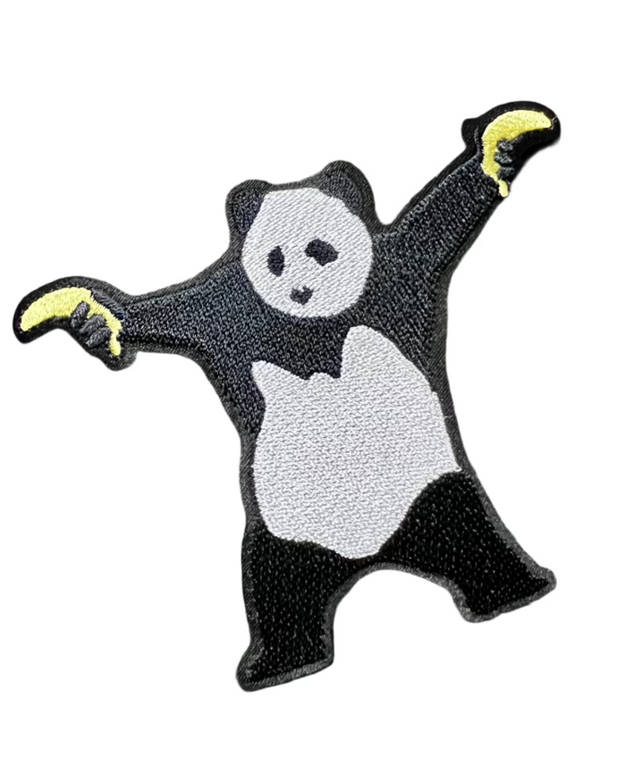 Banksy black and white panda with banana guns embroidered iron on patch by Square Deal Recordings sold by Le Monkey House