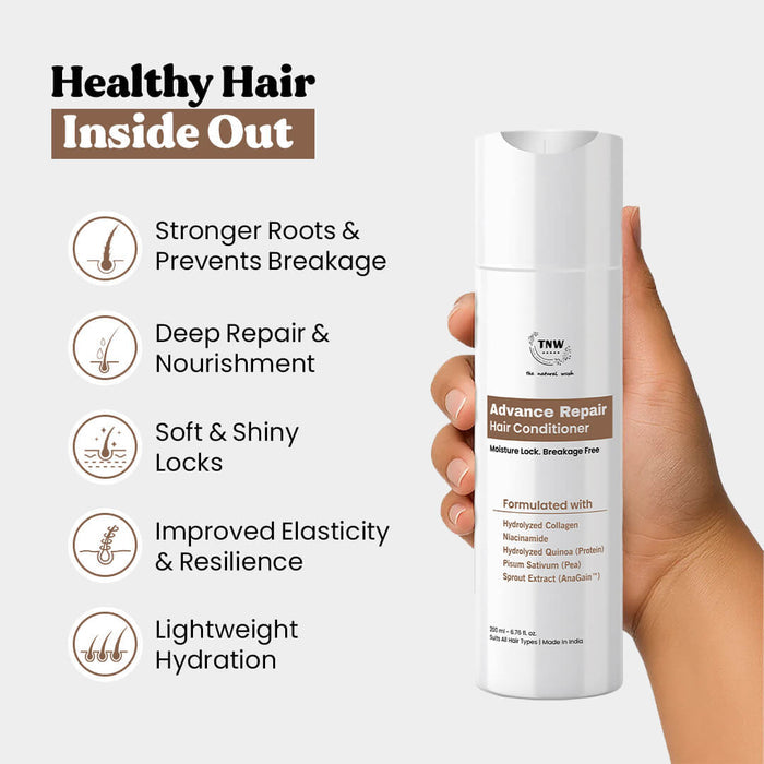Hand holding a bottle of TNW Advance Repair Hair Conditioner with hair care benefits listed.