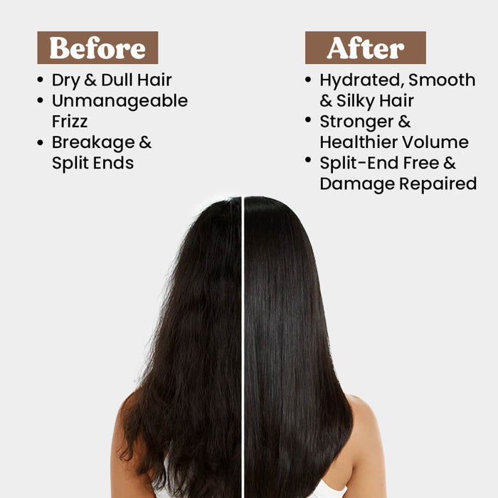 Before and after comparison of hair treatment results with a woman's back shown.