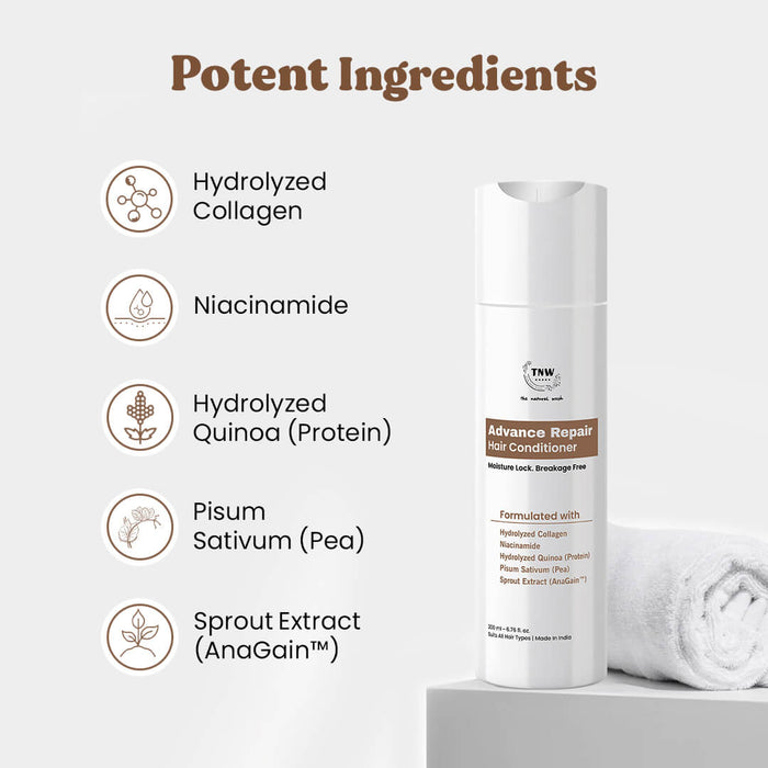 Hair conditioner bottle with potent ingredients listed on a white background